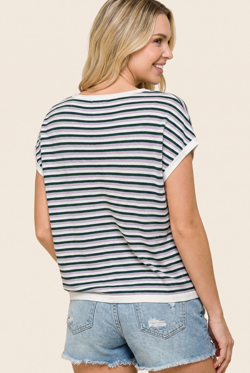 woman wearing a striped short sleeve top and denim shorts, shown from the back