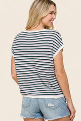 woman wearing a striped short sleeve top and denim shorts, shown from the back