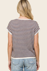 woman wearing a brown and blue striped short sleeve top, viewed from the back.