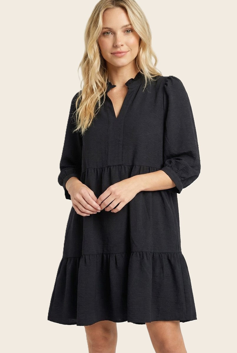 Black Ruffle Split Neck Tiered Dress