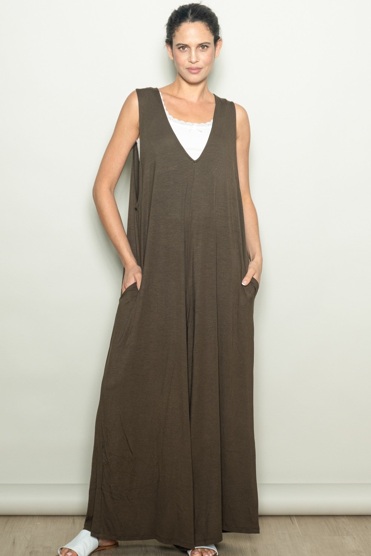 Dark Olive Deep V Sleeveless Wide Leg Maternity Jumpsuit