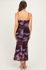 maternity wear purple tie-dye spaghetti strap maxi dress with a fitted silhouette worn by a model seen from the back