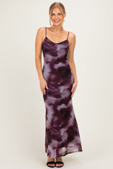 Wine Tie Dye Mesh Side Slit Maternity Maxi Dress