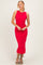 woman wearing a fitted red midi dress with side ruching and a scoop neckline