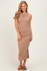Warm Taupe Ruched Maternity Midi Tank Dress