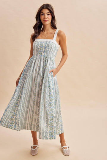 French Blue Column Floral Print Maxi Dress