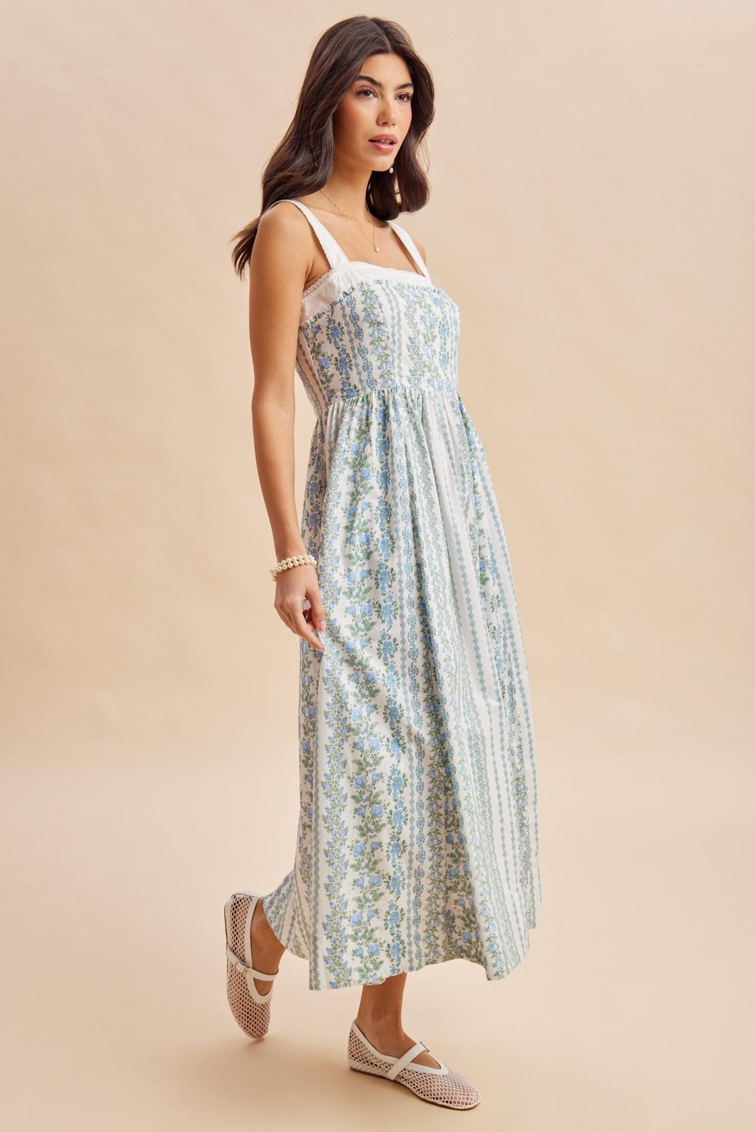 French Blue Column Floral Print Maxi Dress