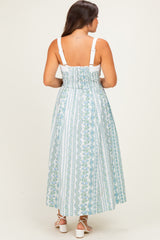woman wearing a floral print maternity maxi dress with smocked back and adjustable straps