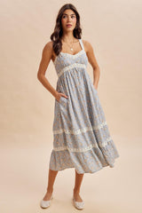 Vintage Blue Lace Floral Tie Back Maternity Midi Dress