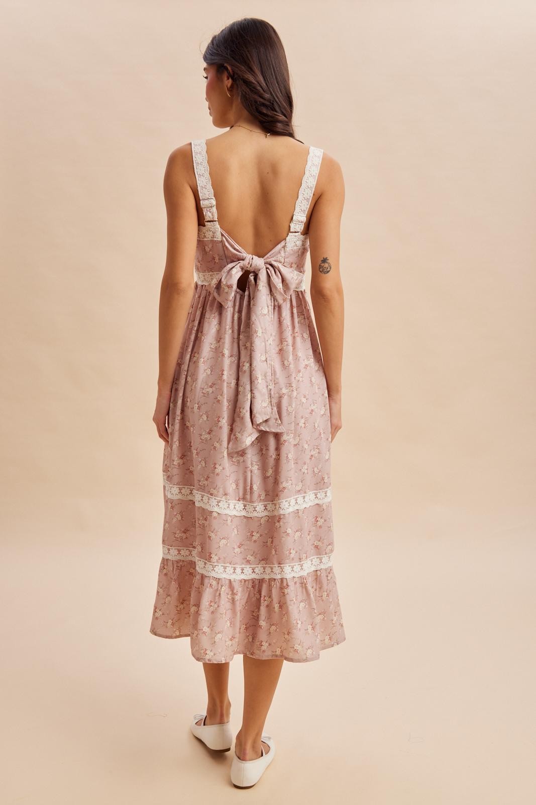 Dusty Pink Lace Floral Tie Back Midi Dress