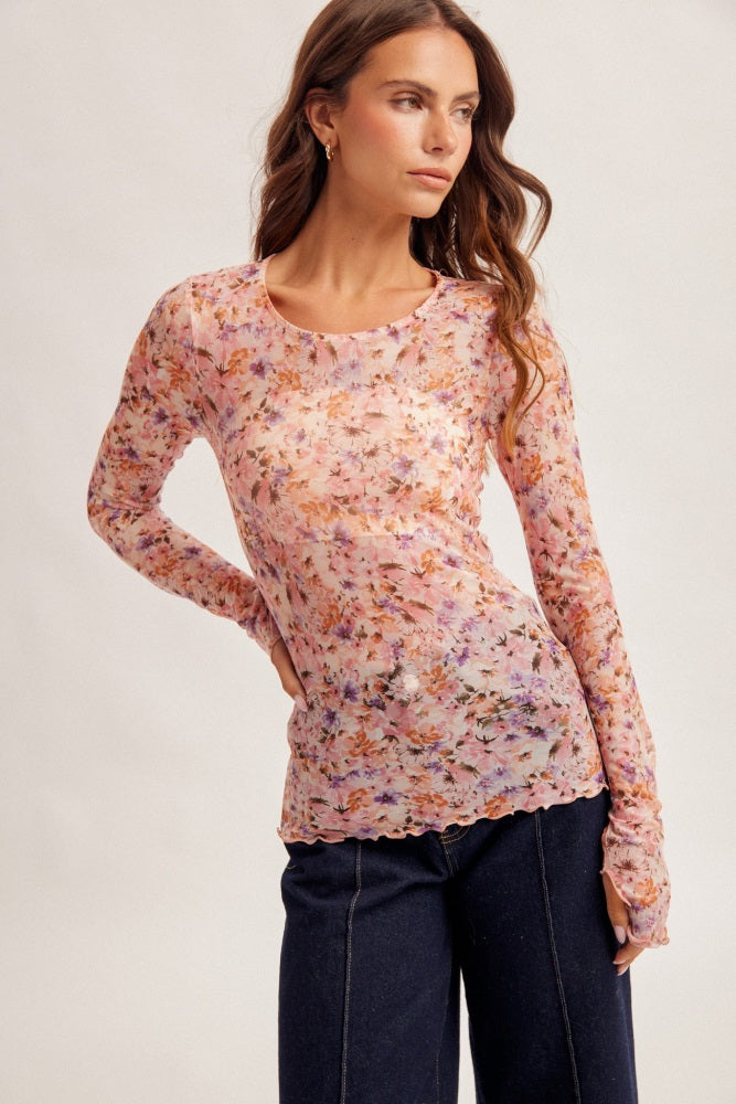 Magenta Pink Floral Printed Mesh Long Sleeve Maternity Top