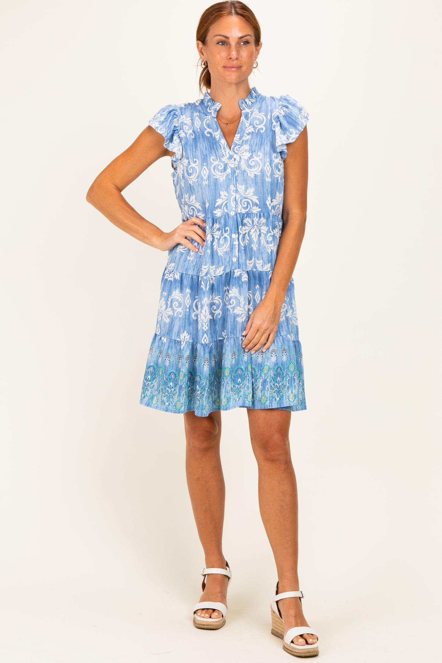 Denim Blue V Neck Flutter Sleeve Border Print Mini Tiered Maternity Dress