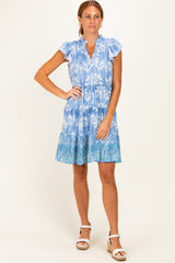 Denim Blue V Neck Flutter Sleeve Border Print Mini Tiered Maternity Dress