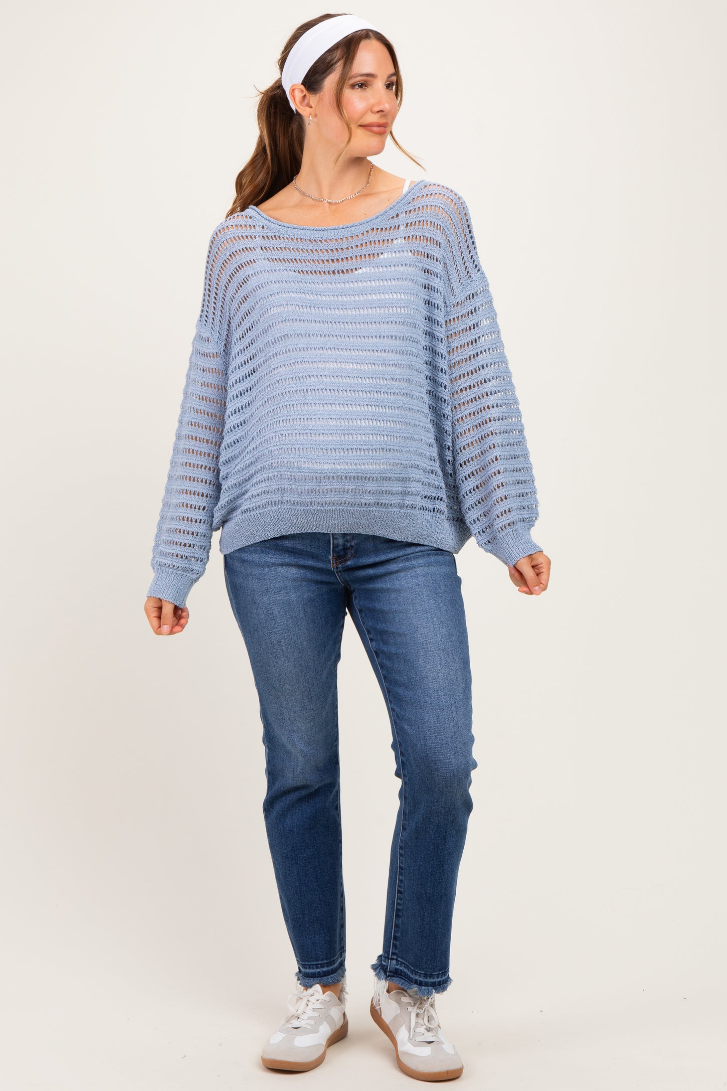 Dusk Blue Open Knit Striped Maternity Sweater Top
