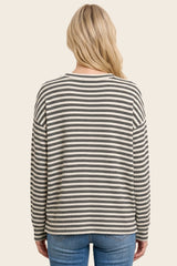 woman wearing a striped long sleeve sweater in a relaxed fit, viewed from the back