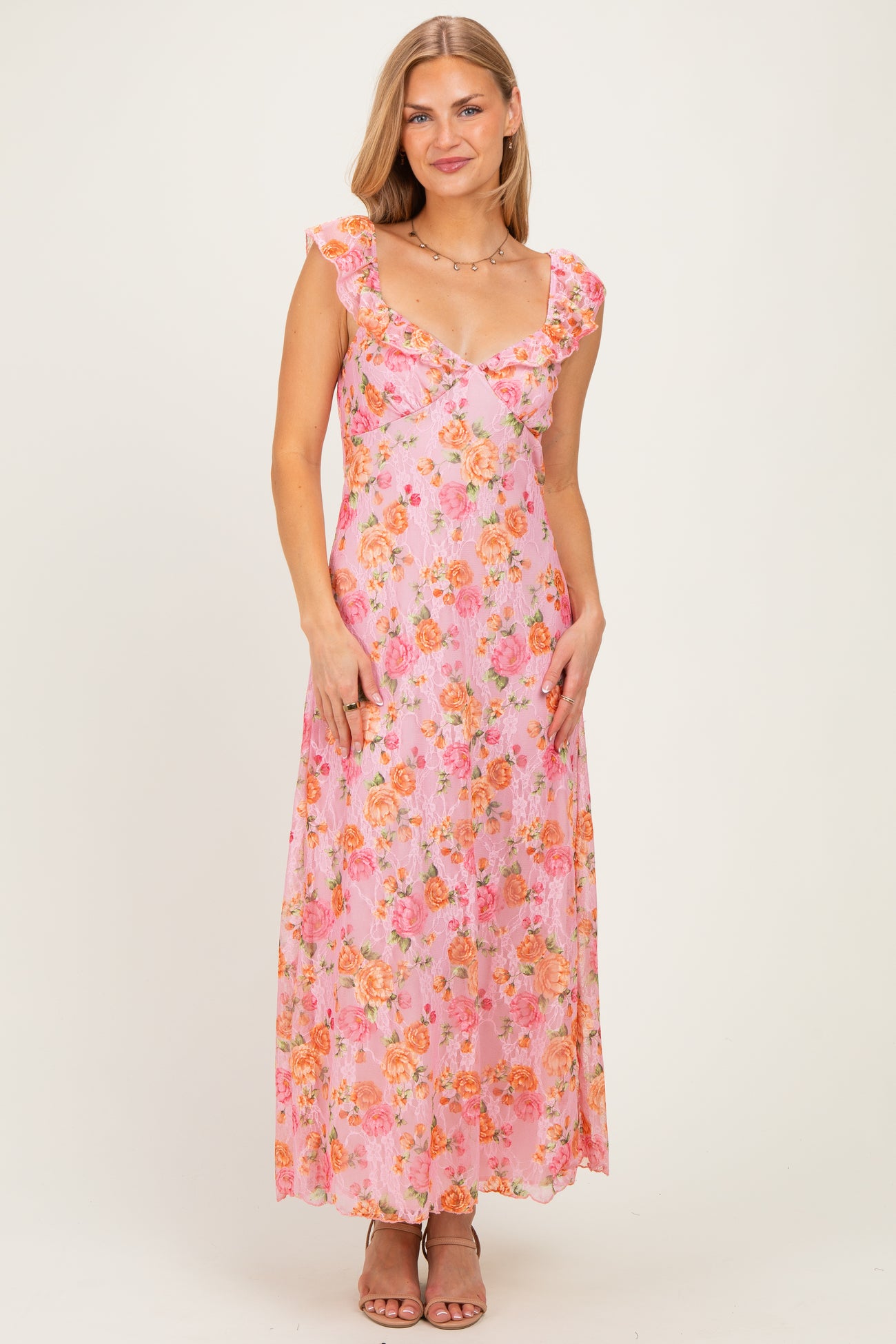 Pink Floral Sleeveless Maternity Maxi Dress