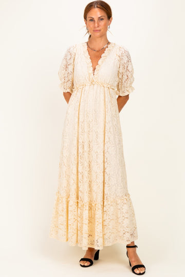Ivory Floral Lace V-Neck Maxi Dress