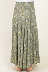 maternity wear green floral maxi skirt with an elastic waistband and tiered design, model not visible