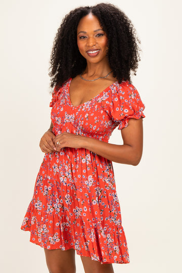 Red Floral Puff Sleeve Smocked Mini Dress