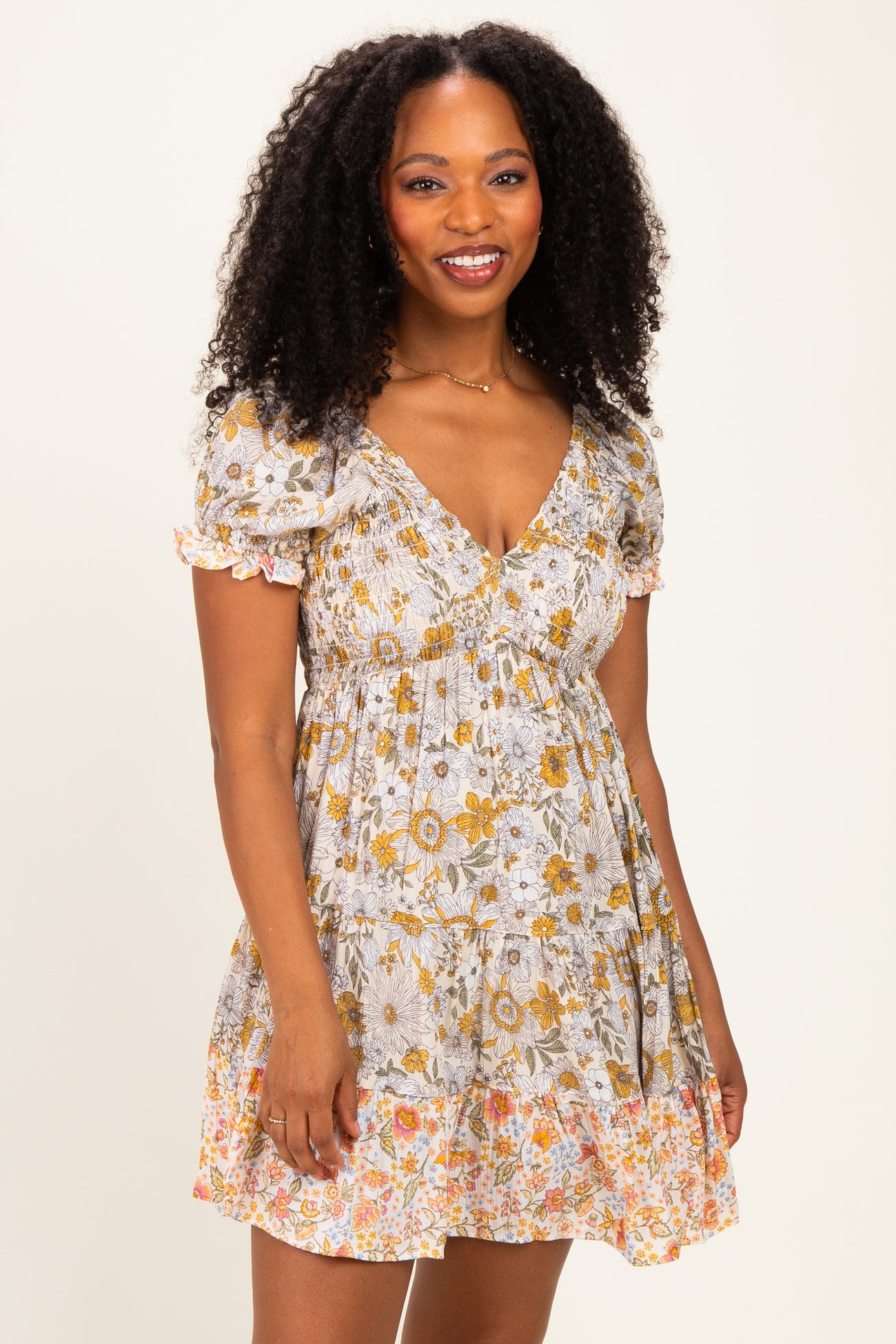 Lemon Mixed Floral V-Neck Smocked Maternity Mini Dress