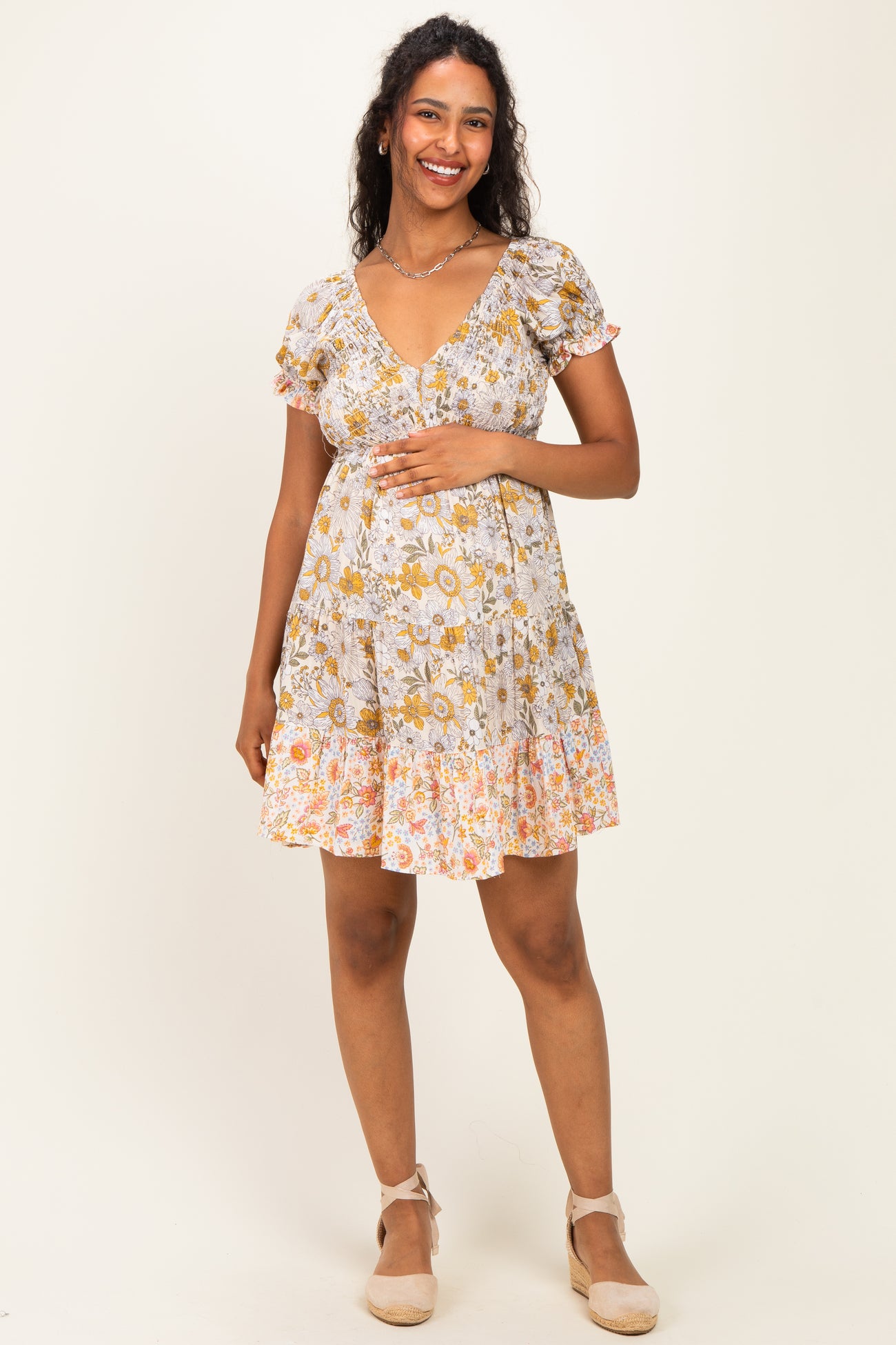 Lemon Mixed Floral V-Neck Smocked Maternity Mini Dress