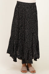 maternity wear black and white polka dot maxi skirt with ruffled hem, worn by a model