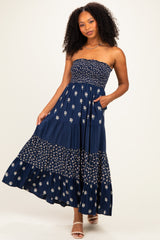 Navy Colorblock Floral Strapless Maxi Dress