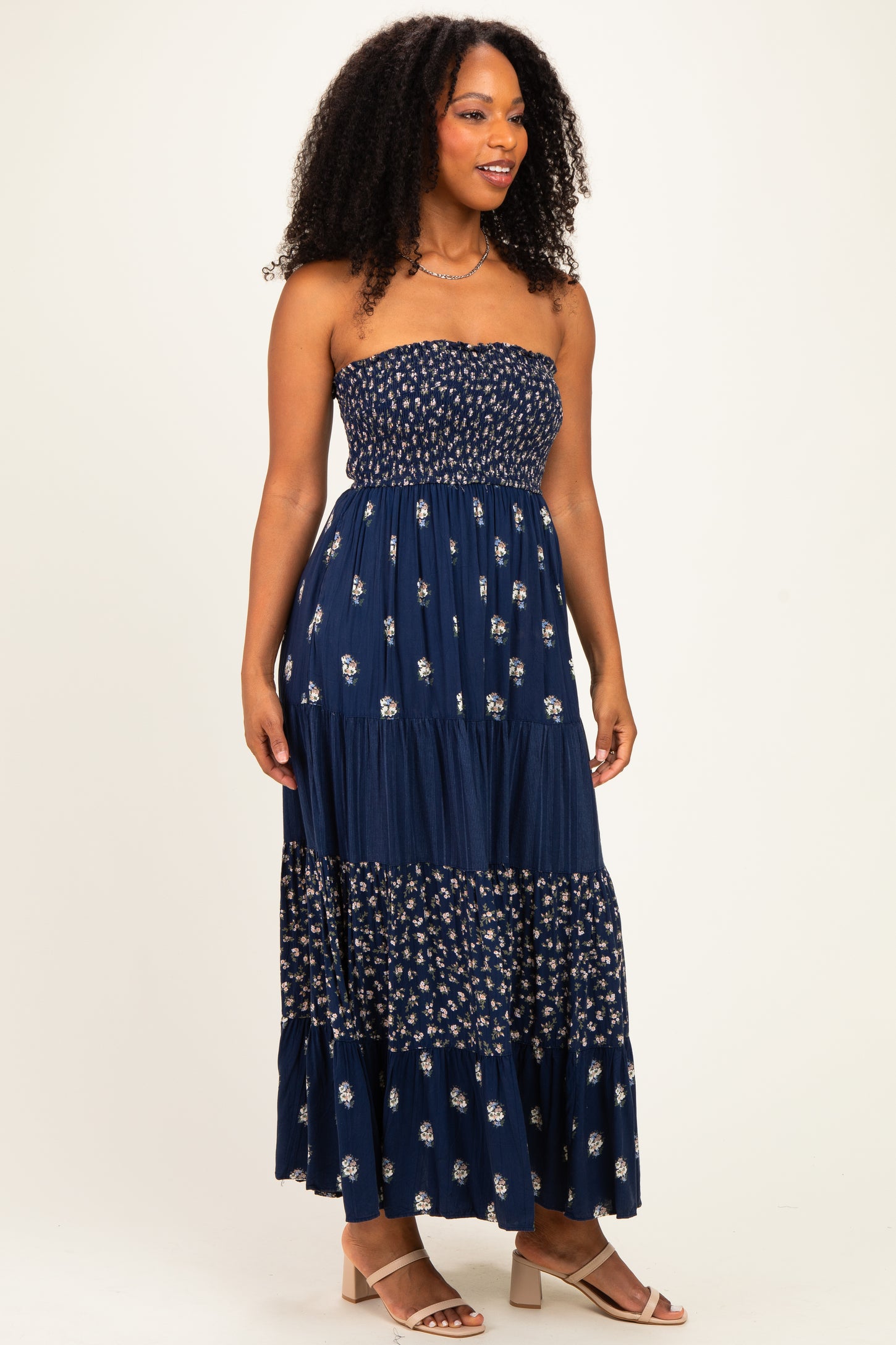 Navy Colorblock Floral Strapless Maxi Dress