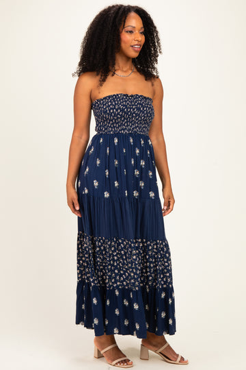 Navy Colorblock Floral Strapless Maxi Dress