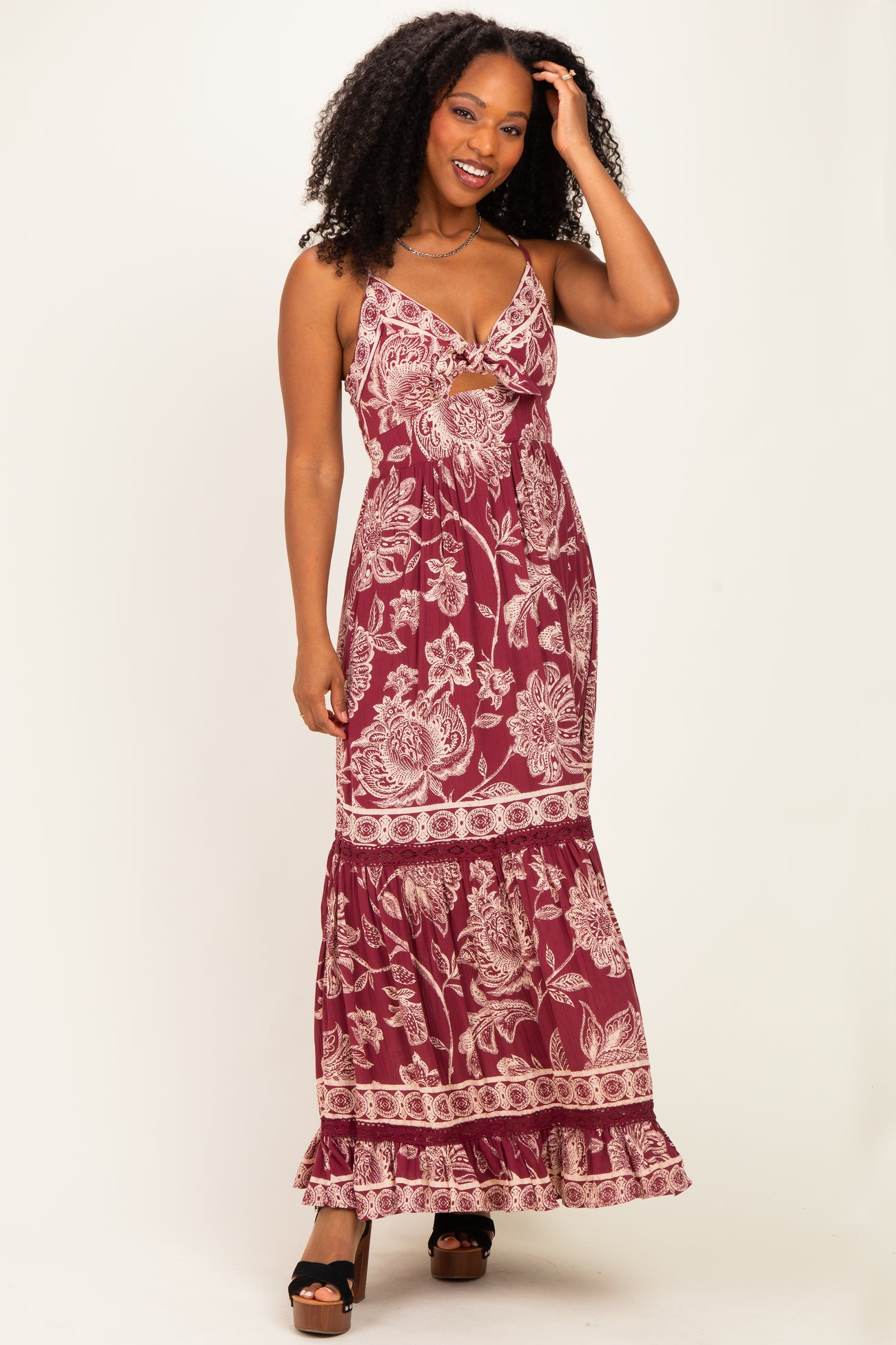 Wine Floral Front Tie Keyhole Maxi Dress