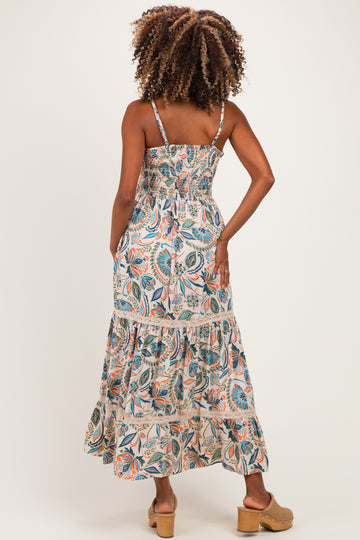 Ivory Floral Twist Front Keyhole Lace Trim Maternity Maxi Dress
