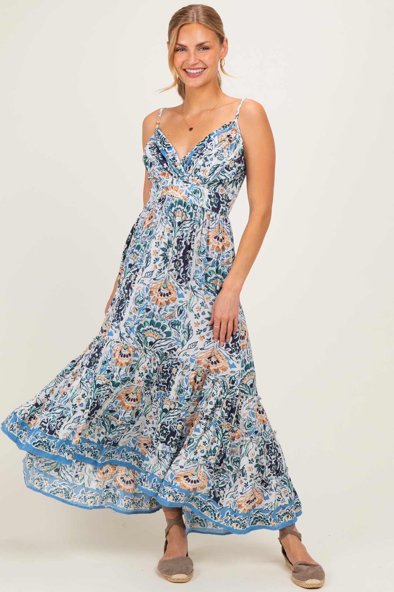 Blue Floral V-Neck Maternity Midi Dress