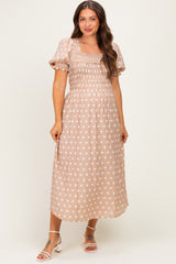 Light Taupe Polka Dot Smocked Maternity Midi Dress