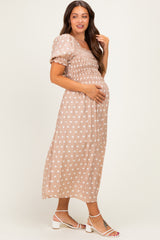 Light Taupe Polka Dot Smocked Maternity Midi Dress