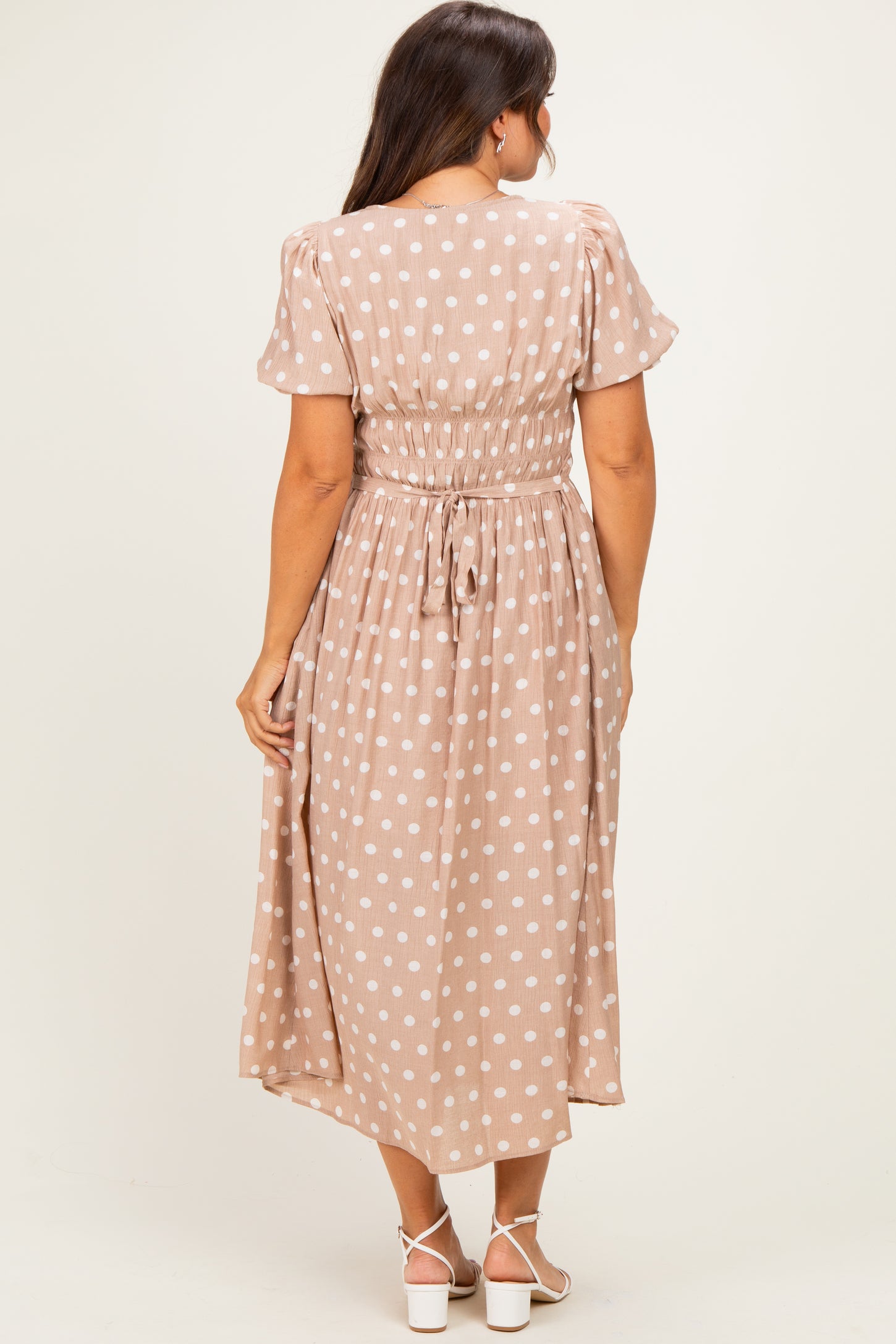 Light Taupe Polka Dot Smocked Maternity Midi Dress