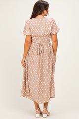 Light Taupe Polka Dot Smocked Maternity Midi Dress
