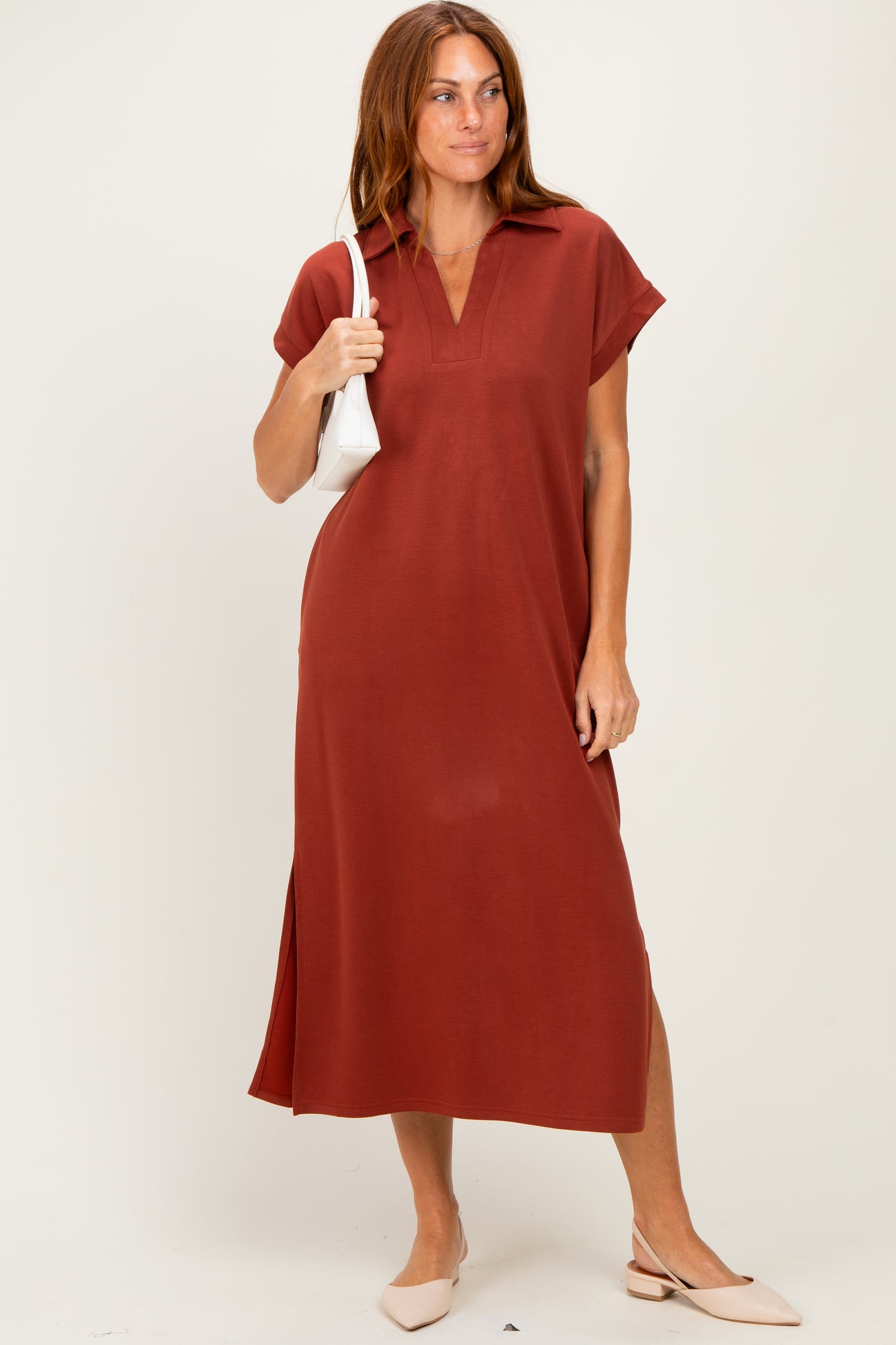 Clay Collared Short Sleeve Maternity Midi Dress