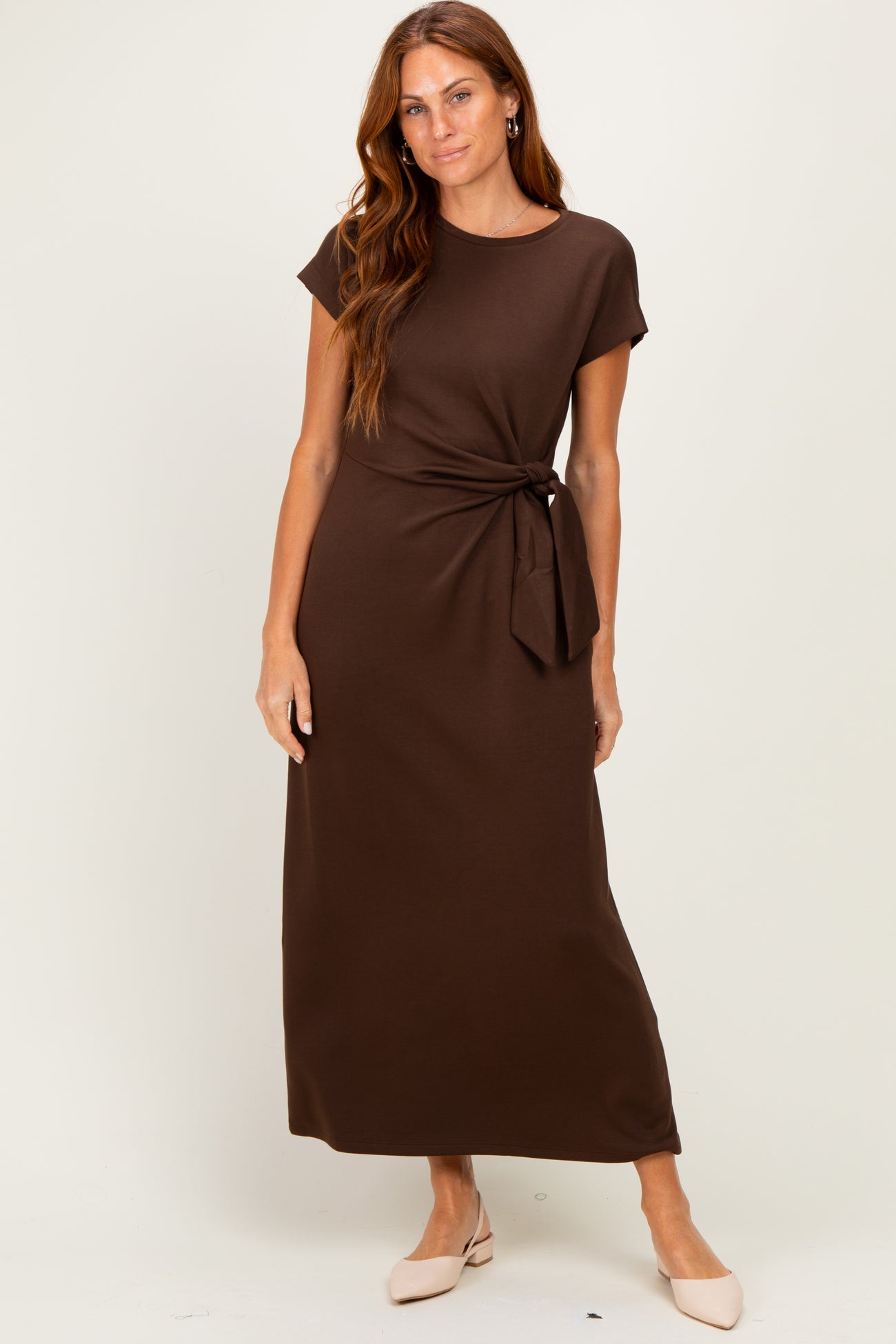 Brown Side Tie Short Sleeve Maternity Midi Dress