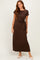 woman wearing a brown short sleeve maxi dress with a side tie detail