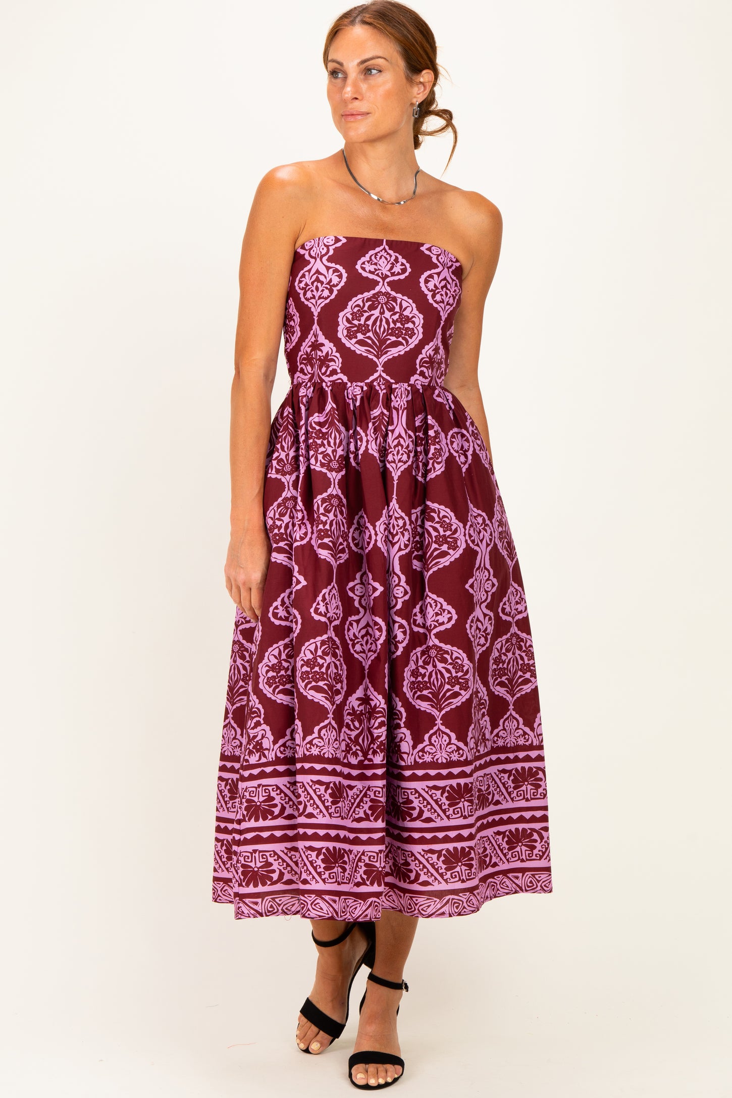 Burgundy Damask Strapless Maternity Midi Dress