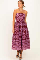 Burgundy Damask Strapless Maternity Midi Dress