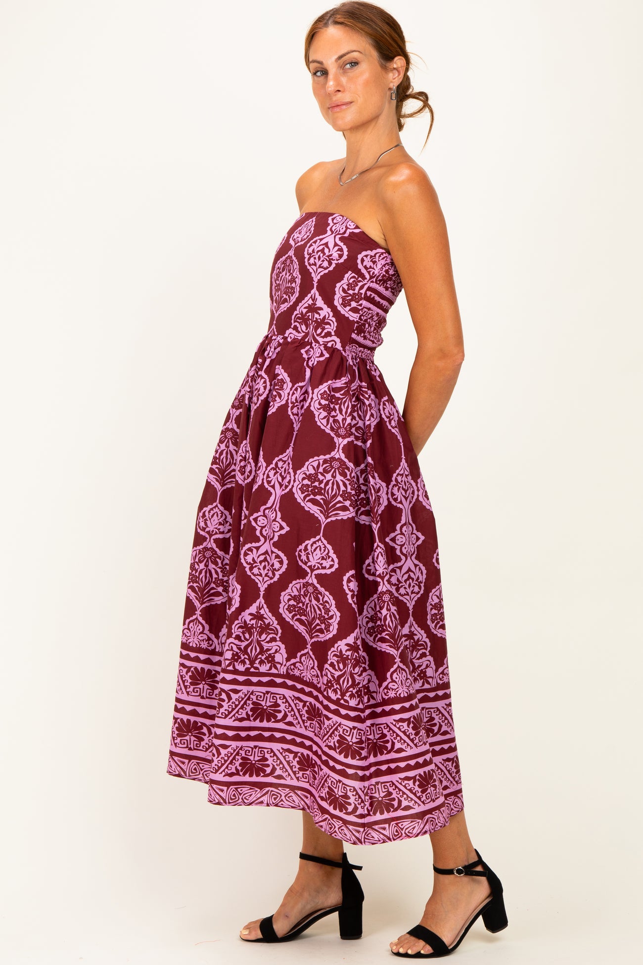 Burgundy Damask Strapless Midi Dress