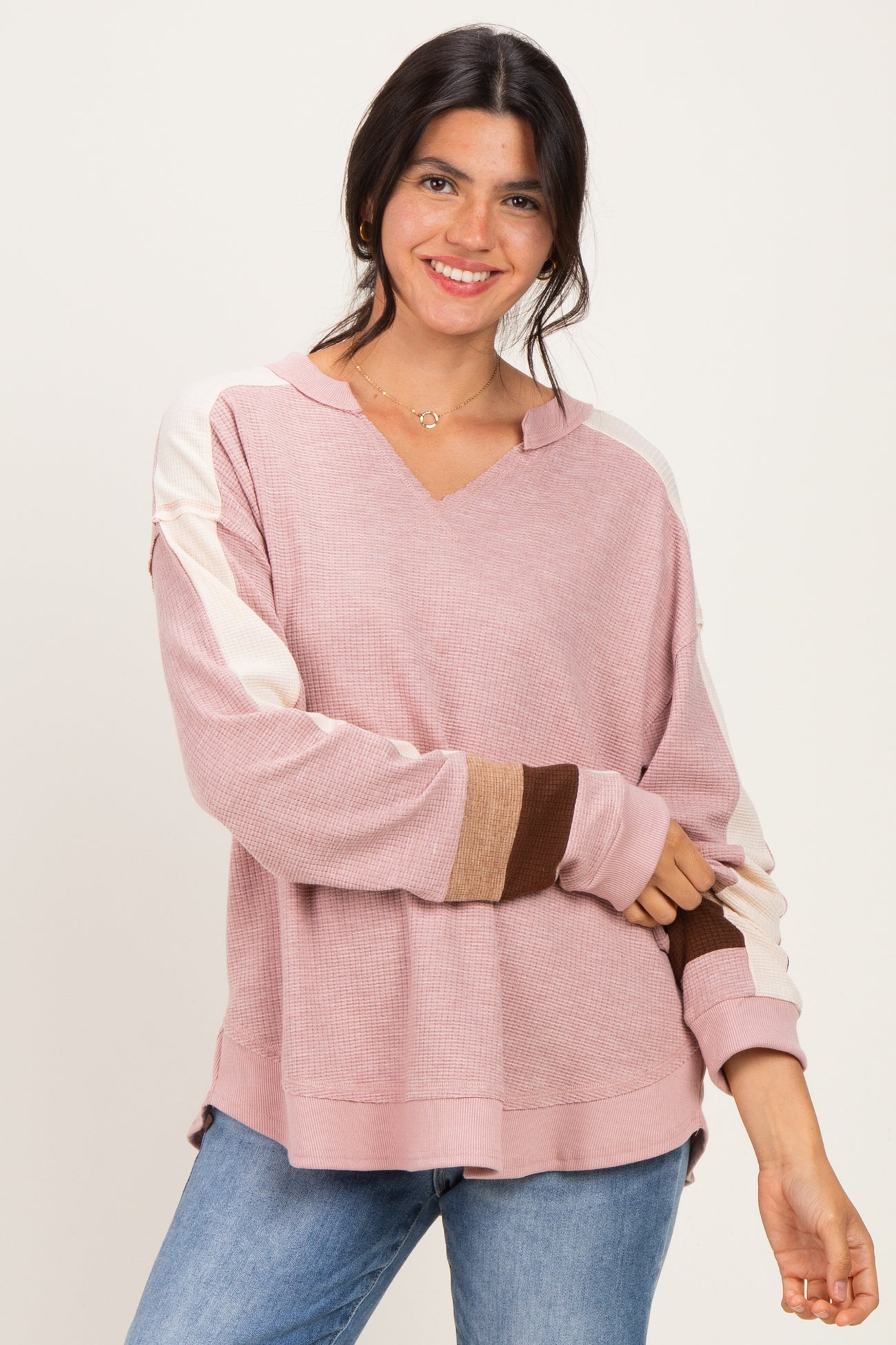 Blush Colorblock Waffle Knit Maternity Pullover Top