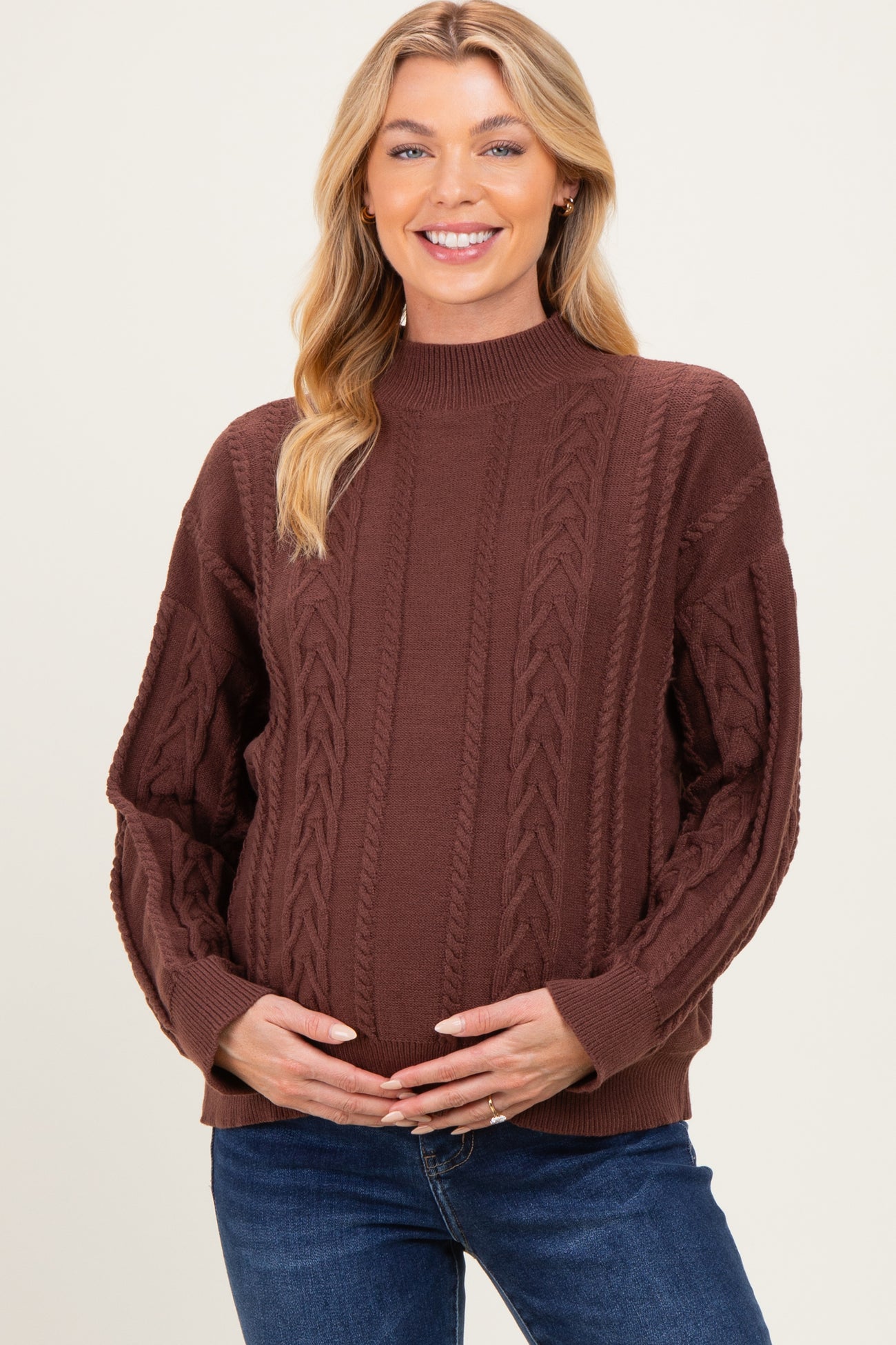 Brown Oversized Cable Knit Maternity Sweater