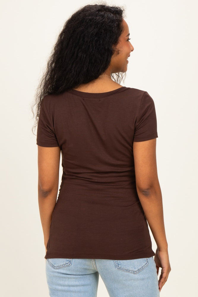 Brown V-Neck Ruched Side Maternity Top