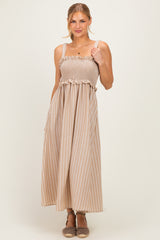 Taupe Sleeveless Smocked Striped Maternity Maxi Dress