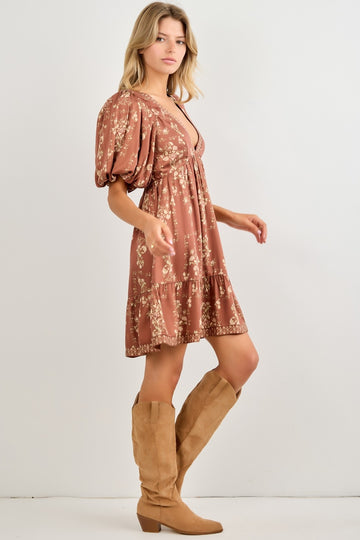 Brown Floral Deep V-Neck Tie Back Dress
