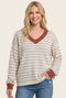 Rust Striped Solid Trim V-Neck Sweater