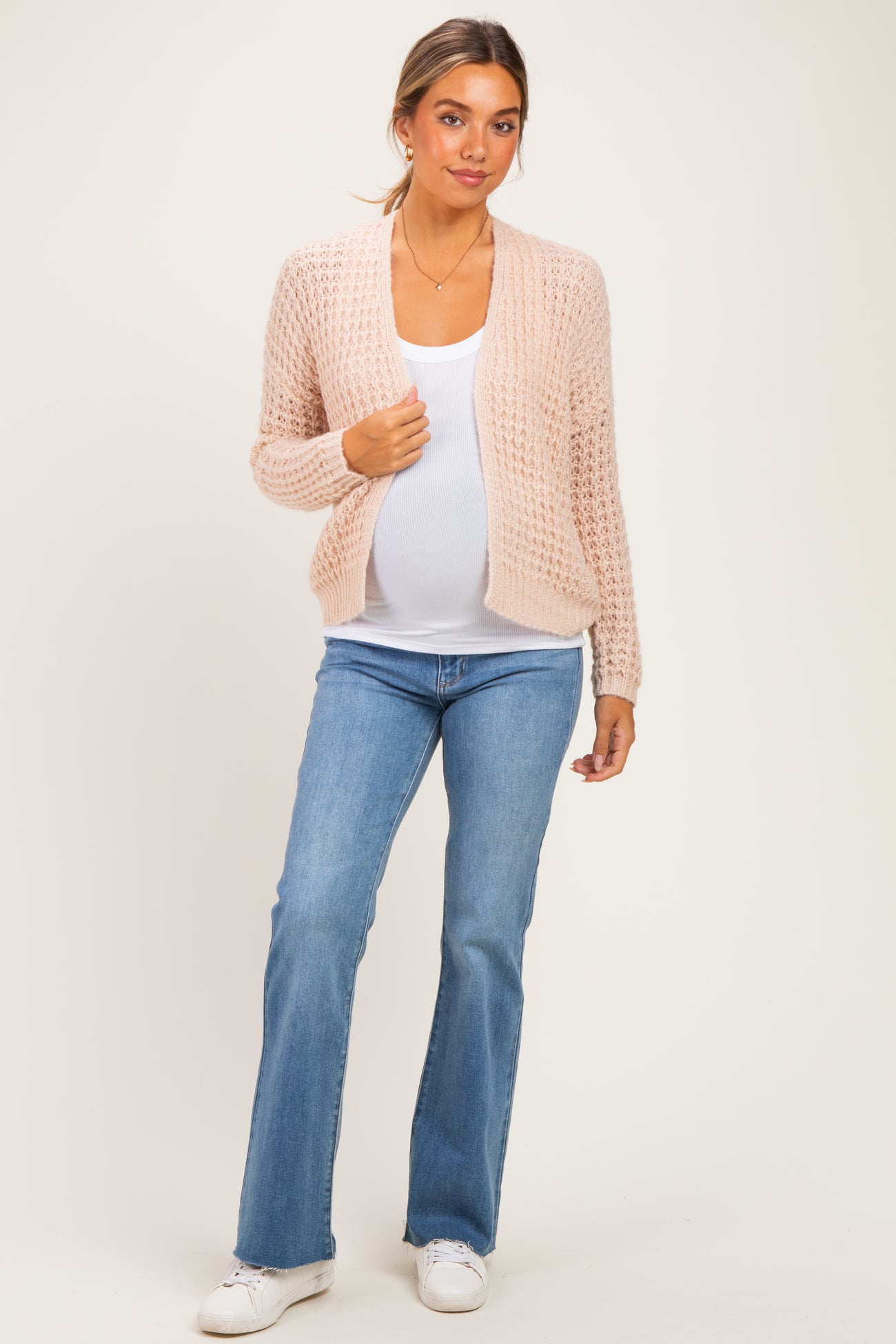 Oatmeal Chunky Waffle Knit Maternity Open Cardigan