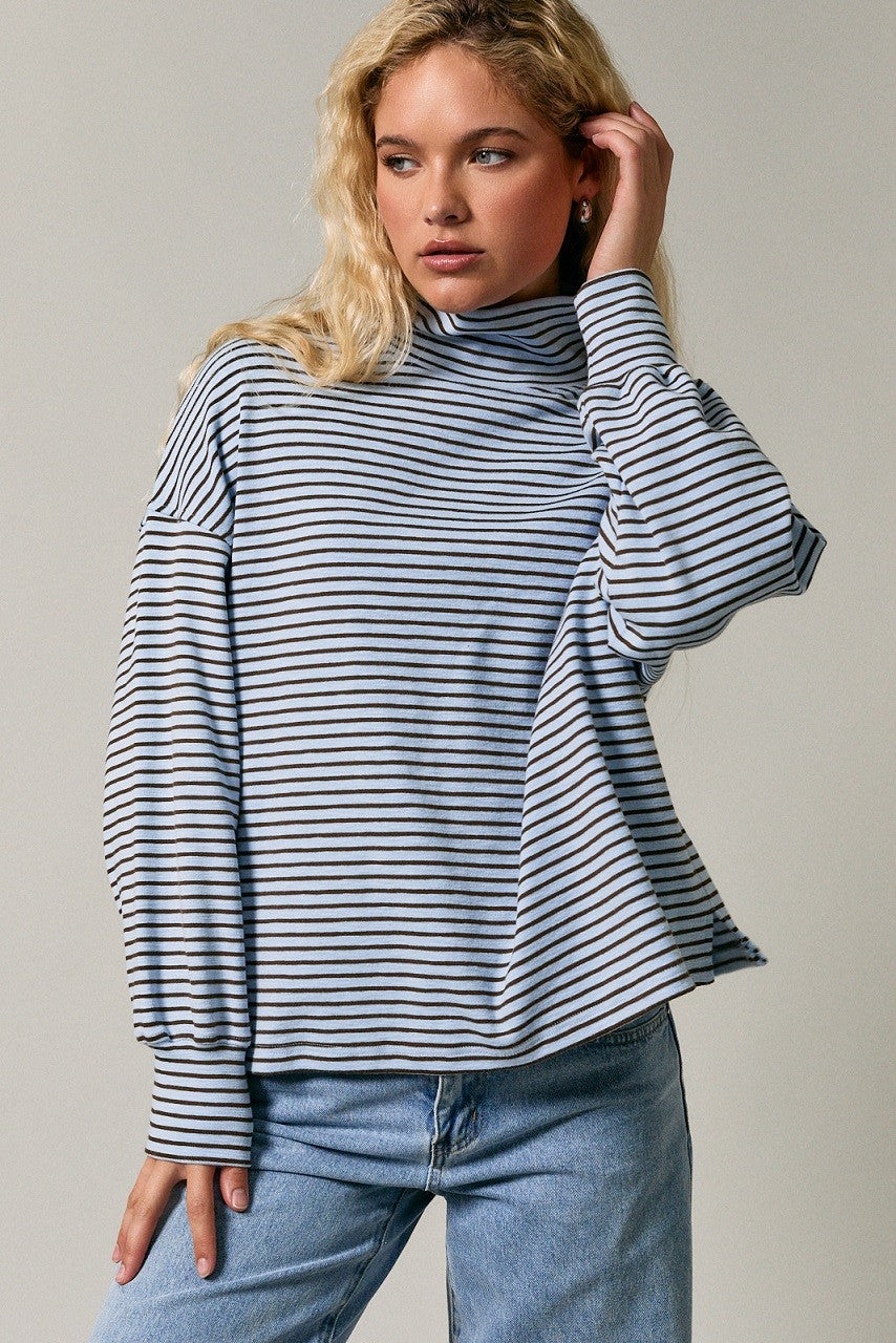 Light Blue Striped Mock Neck Oversized Maternity Top
